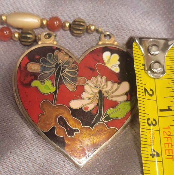Vintage Enamel Cloisonne Floral Heart Pendant - Picture 3 of 9